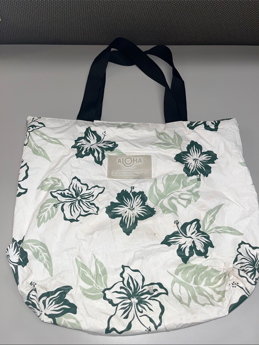 ALOHA Collection Large White Tote with Dark Green Floral Print